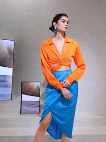 SHEIN Privé 素色圍裹細節半身裙 - 藍色 - 查看 9