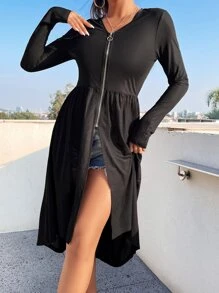 SHEIN SXY Áo khoác nữ Nhẫn Dây kéo màu trơn Giải trí - màu đen - Xem 4