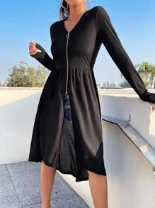 SHEIN SXY Áo khoác nữ Nhẫn Dây kéo màu trơn Giải trí - màu đen - Xem 5