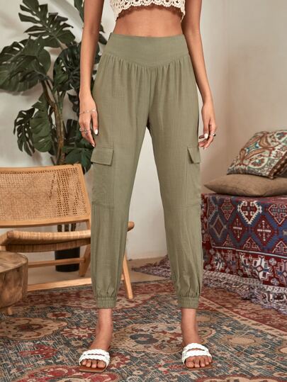 Solid Flap Pocket Pants