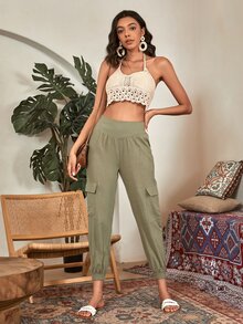 Quần nữ Túi màu trơn Giải trí - xanh quân đội - Xem 3