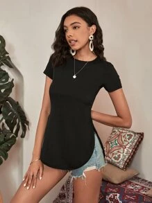 SHEIN Essnce Split Curved Hem Tee - Black - View 3
