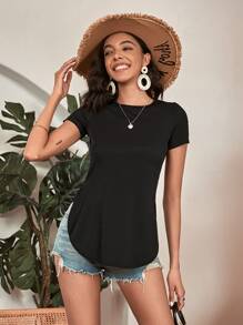 SHEIN Essnce Split Curved Hem Tee - Black - View 5