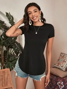 SHEIN Essnce Split Curved Hem Tee - Black - View 6