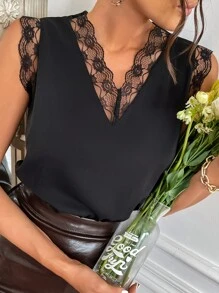 SHEIN Clasi Solid Contrast Lace Bodysuit - Black - View 1