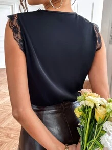 SHEIN Clasi Solid Contrast Lace Bodysuit - Black - View 2