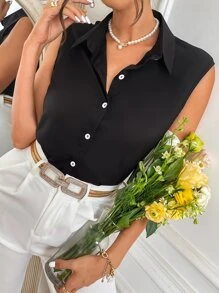 Sleeveless Button Up Shirt - Black - View 3