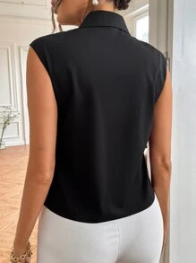 Sleeveless Button Up Shirt - Black - View 2
