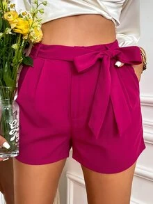 SHEIN Unity Solid Belted Shorts - Red Violet - View 3