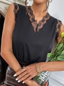 SHEIN Clasi Solid Contrast Lace Bodysuit - Black - View 4