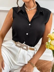 Sleeveless Button Up Shirt - Black - View 5