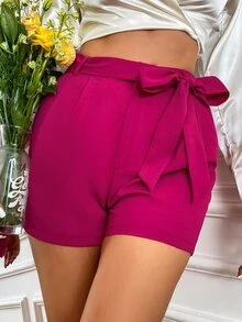 SHEIN Unity Solid Belted Shorts - Red Violet - View 5