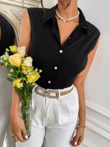 Sleeveless Button Up Shirt - Black - View 1