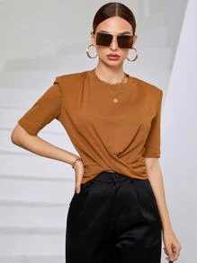 Mulvari 前扭結圓領T恤 - 棕色 - 查看 1