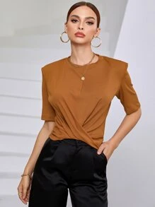 Mulvari 前扭結圓領T恤 - 棕色 - 查看 5