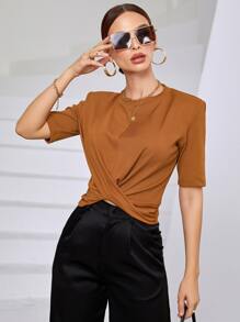 Mulvari 前扭結圓領T恤 - 棕色 - 查看 6