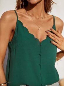 SHEIN Frenchy Áo hai dây Sò điệp Nút phía trước màu trơn Giải trí - Màu xanh lá cây đậm - Xem 8