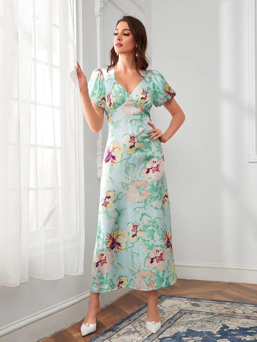 SHEIN Floral Print Puff Sleeve Dress - Multicolor - View 1