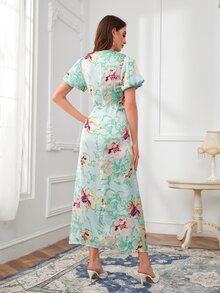 SHEIN Floral Print Puff Sleeve Dress - Multicolor - View 2