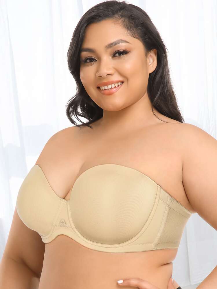 WINGSLOVE Plus Size Women Floral Embroidery Comfortable Bra - Apricot - View 1