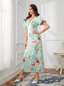 SHEIN Floral Print Puff Sleeve Dress - Multicolor - View 4