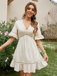 Simplee V-neck Lace Insert Ruffle Trim Dress - Beige - View 4