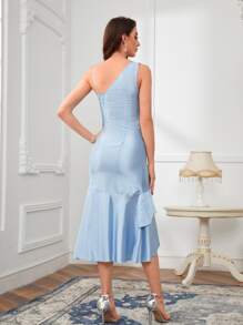 SHEIN Belle Asymmetrical Neck Striped Print Ruffle Hem Bridesmaid Dress - Baby Blue - View 2