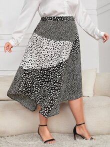 SHEIN Váy Plus Size Bất đối xứng Dây kéo Báo Giải trí - Đen và trắng - Xem 5