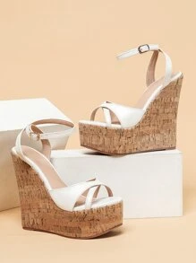 Sandalias cuña tira tobillera - Blanco - Ver 1