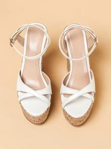 Sandalias cuña tira tobillera - Blanco - Ver 3