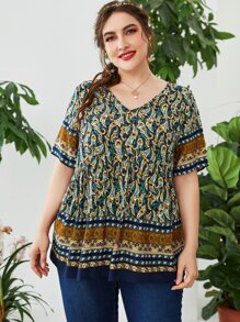 SHEIN Unity Plus Floral Print V Neck Blouse - Multicolor - View 1