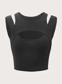 ROMWE Grunge Punk 纯色镂空背心，学校 - 黑色 - 查看 1