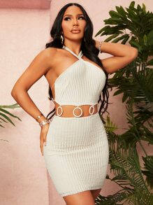 SHEIN SXY Kleid mit Ausschnitt, O-Ring Detail, Kreuzgurt auf Rücken - Beige - Übersicht 3