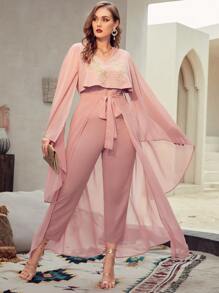 SHEIN Plus Applique Detail Bell Sleeve Jumpsuit With Tie Front Skirt
