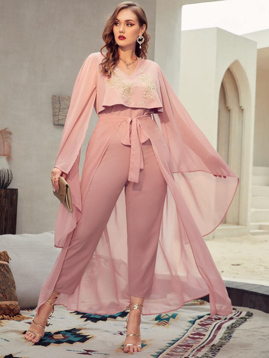 SHEIN Plus Applique Detail Bell Sleeve Jumpsuit With Tie Front Skirt