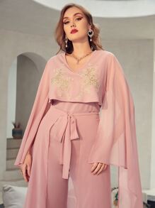 SHEIN Plus Applique Detail Bell Sleeve Jumpsuit With Tie Front Skirt