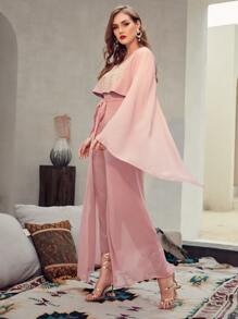 SHEIN Plus Applique Detail Bell Sleeve Jumpsuit With Tie Front Skirt