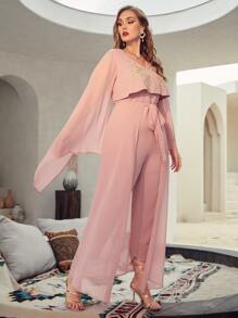 SHEIN Plus Applique Detail Bell Sleeve Jumpsuit With Tie Front Skirt