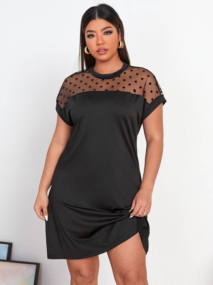 SHEIN Unity ชุดกระโปรงพลัสไซส์ ผ้าตาข่าย ลายจุด - สีดำ - ดู 1