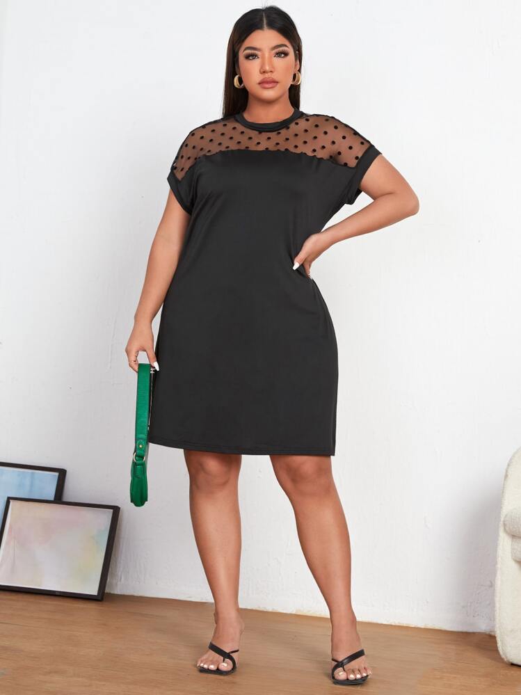 SHEIN Unity ชุดกระโปรงพลัสไซส์ ผ้าตาข่าย ลายจุด - สีดำ - ดู 3