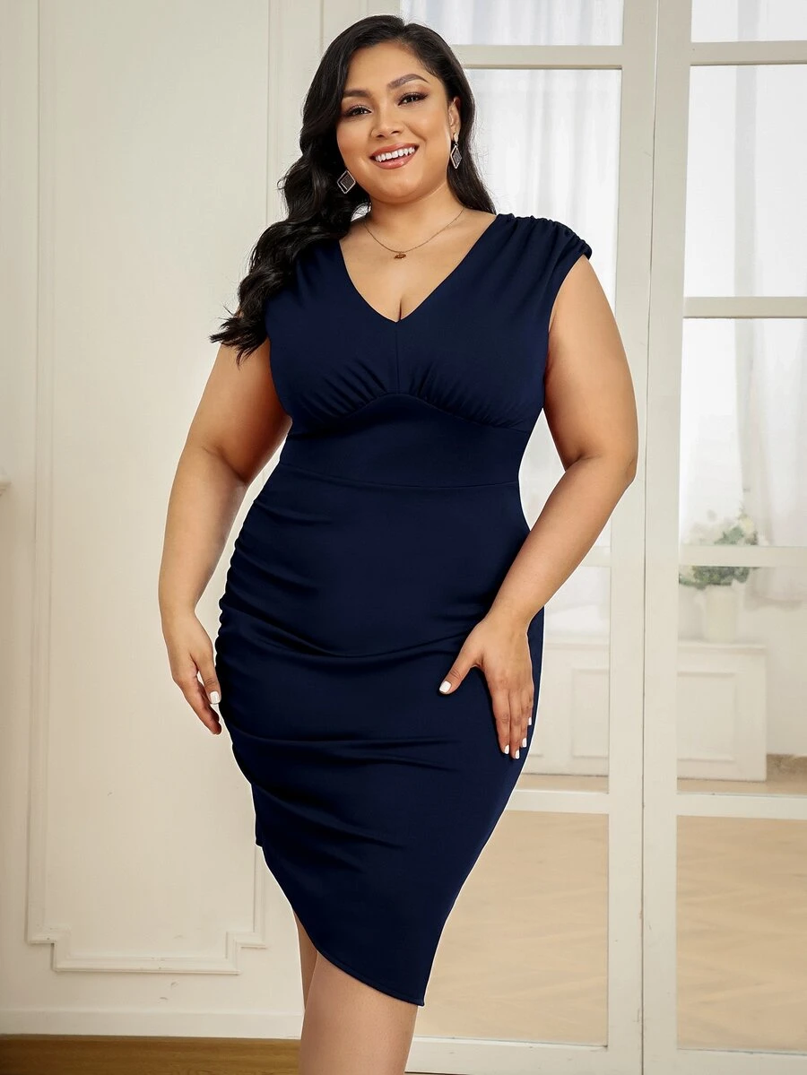 CurvySweet Plus Zipper Back Ruched Dress - Navy Blue - View 1