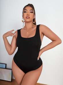 SHEIN SXY Plus Scoop Neck Solid Bodysuit - Black - View 1