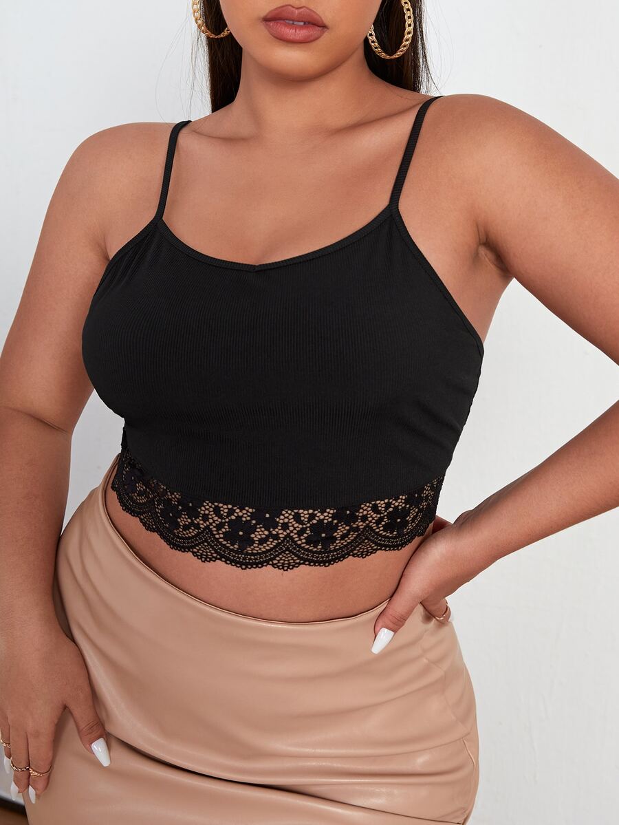 Plus Contrast Lace Crop Cami Top - Black - View 1