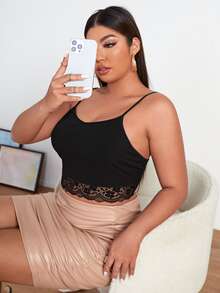 Plus Contrast Lace Crop Cami Top - Black - View 4