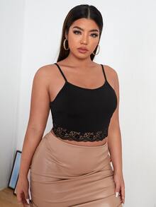 Plus Contrast Lace Crop Cami Top - Black - View 5