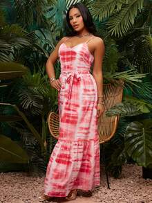 SHEIN SXY Rygglös Omgiven Krås Hem Binda Färgämne Boho Klänning - Rött och Vitt - Visa 3