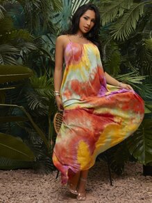 SHEIN SXY 紮染圖案不對稱下擺吊帶洋裝 - 彩色 - 查看 4