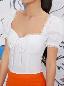 SHEIN 蕾絲拼接前繫帶泡泡袖上衣 - 白色 - 查看 4