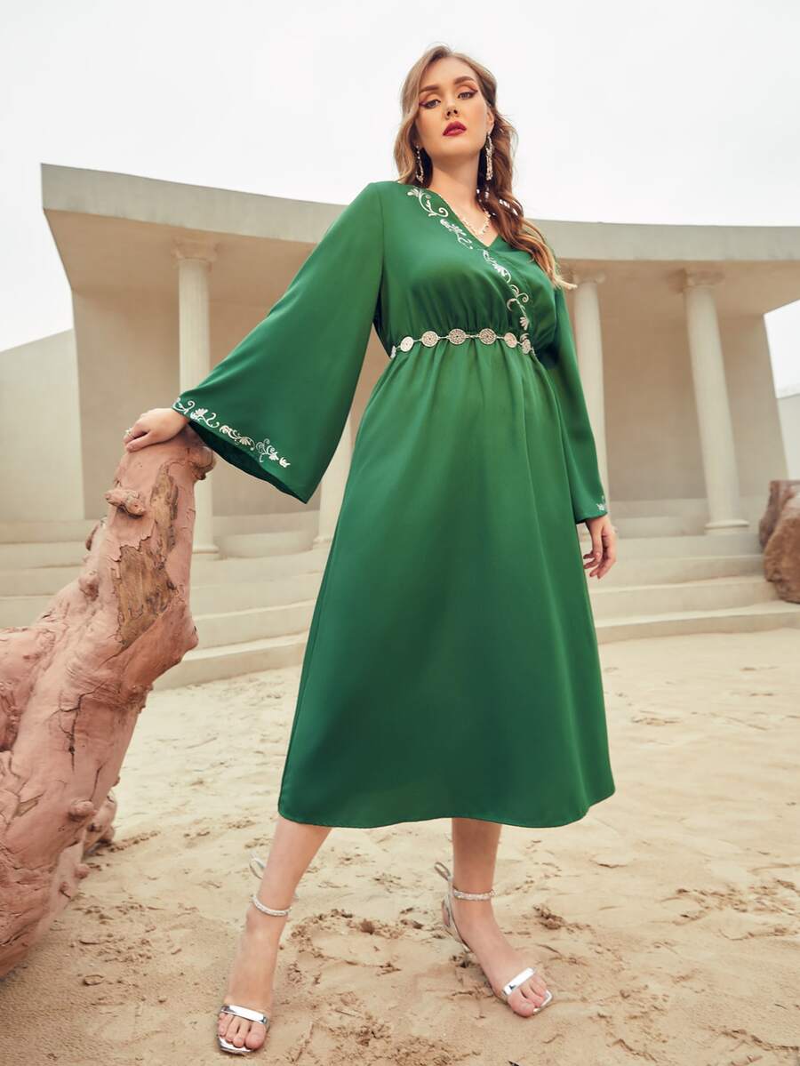 Al Najma Plus Surplice Neck Floral Print Flounce Sleeve Dress Without Belt - Green - View 1