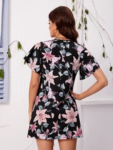Floral Print Keyhole Neck Butterfly Sleeve Dress - Multicolor - View 2